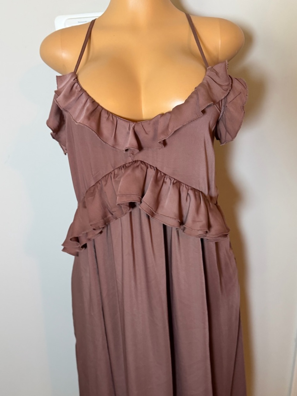 Old Navy Brown Ruffled Spaghetti-Strap Satin Maxi Dress - Picture 5 of 6